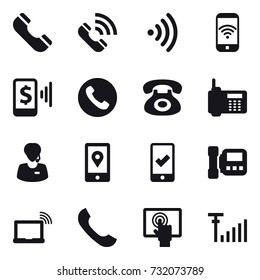 16 vector icon set : phone, call, wireless, phone wireless, mobile pay, mobile checking, intercome