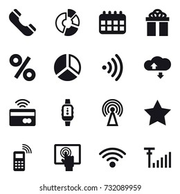 16 vector icon set : phone, circle diagram, calendar, gift, percent, diagram, wireless, cloude service, tap to pay, smartwatch, antenna, star
