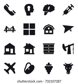 16 vector icon set : phone, bulb head, brain, bridge, window, house, deltaplane, home, chest of drawers, grape, cow