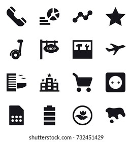 16 vector icon set : phone, diagram, graph, star, segway, shop signboard, tools, hotel, cart, power socket, ecology, spot