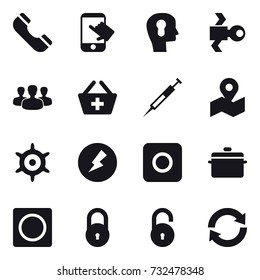16 vector icon set : phone, touch, bulb head, satellite, group, add to basket, handwheel, electricity, ring button, pan, reload