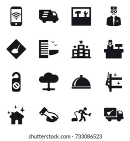16 vector icon set : phone wireless, delivery, tools, under construction, hotel, reception, do not distrub, skyscrapers cleaning, house cleaning, wiping, vacuum cleaner, home call cleaning