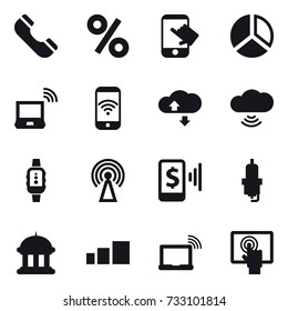 16 vector icon set : phone, percent, touch, diagram, notebook wireless, phone wireless, cloud service, cloud wireless, smartwatch, antenna, mobile pay, spark plug, goverment house