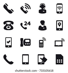 16 vector icon set : phone, call, call center, phone wireless, mobile checking, intercome