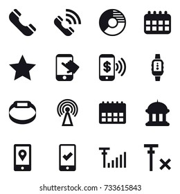 16 vector icon set : phone, call, circle diagram, calendar, star, touch, phone pay, smartwatch, smart bracelet, antenna, goverment house, mobile checking
