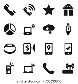16 vector icon set : phone, call, star, gift, diagram, notebook wireless, cloude service, smartwatch, smart bracelet, mobile pay, mobile checking