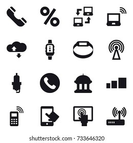 16 vector icon set : phone, percent, notebook connect, notebook wireless, cloude service, smartwatch, smart bracelet, antenna, spark plug, goverment house