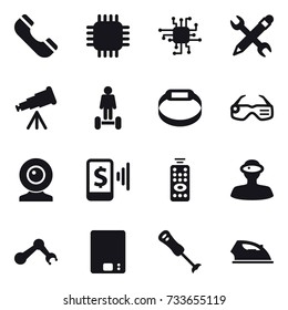 16 vector icon set : phone, chip, pencil wrench, telescope, hoverboard, smart bracelet, smart glasses, web cam, mobile pay, remote control, kitchen scales, iron