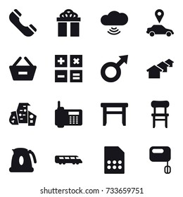 16 vector icon set : phone, gift, cloud wireless, car pointer, remove from basket, calculator, houses, modern architecture, stool, chair, kettle