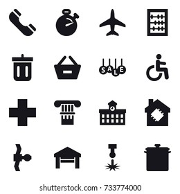 16 vector icon set : phone, stopwatch, plane, abacus, bin, remove from basket, sale, column, university, smart house, garage, pan