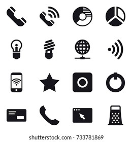 16 vector icon set : phone, call, circle diagram, diagram, bulb, globe connect, wireless, phone wireless, star, ring button
