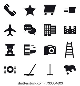 16 vector icon set : phone, star, delivery, plane, discussion, houses, palace, hotel, camera, stairs, rake, spot
