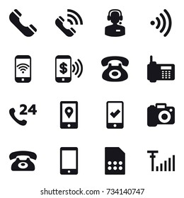16 vector icon set : phone, call, call center, wireless, phone wireless, phone pay, mobile checking, camera