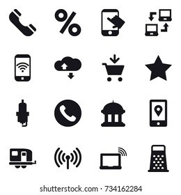 16 vector icon set : phone, percent, touch, notebook connect, phone wireless, cloude service, add to cart, star, spark plug, goverment house, trailer, wireless