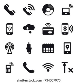16 vector icon set : phone, call, circle diagram, notebook wireless, phone wireless, cloude service, tap to pay, phone pay, antenna, spark plug