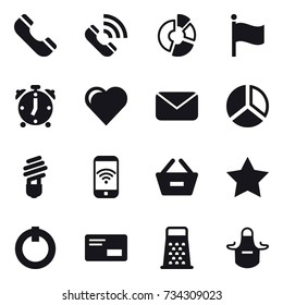 16 vector icon set : phone, call, circle diagram, flag, alarm clock, heart, mail, diagram, bulb, phone wireless, remove from basket, star, apron