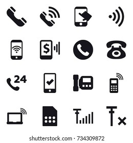 16 vector icon set : phone, call, touch, wireless, phone wireless, mobile pay, mobile checking, intercome