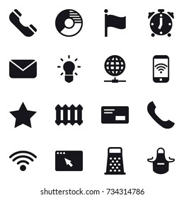 16 vector icon set : phone, circle diagram, flag, alarm clock, mail, bulb, globe connect, phone wireless, star, radiator, apron