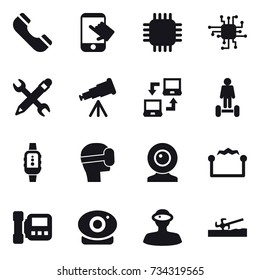 16 vector icon set : phone, touch, chip, pencil wrench, telescope, notebook connect, hoverboard, smartwatch, virtual mask, web cam, electrostatic, intercome, soil cutter