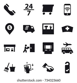 16 vector icon set : phone, 24/7, delivery, phone wireless, dollar pin, tools, gas station, atm, transfer, bucket and broom, wiping, please clean