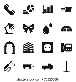 16 vector icon set : phone, diagram, graph, delivery, table lamp, bow, hangare, arch, power socket, intercome, trailer, pickup, rake