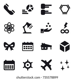 16 vector icon set : phone, diagram, hex molecule, atom, table lamp, chamical industry, infinity power, bow, calendar, house with garage, 3d, handwheel, shining