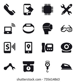 16 vector icon set : phone, touch, chip, pencil wrench, notebook wireless, smart bracelet, virtual mask, smart glasses, mobile pay, intercome, kitchen scales, handle scales, iron