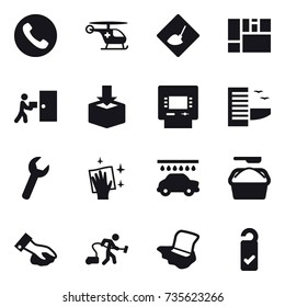 16 vector icon set : phone, under construction, atm, hotel, wiping, car wash, washing powder, vacuum cleaner, floor washing, please clean