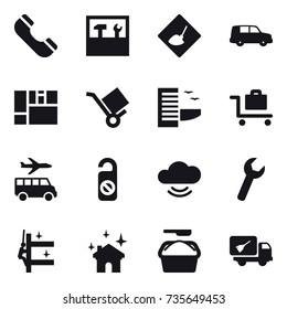 16 vector icon set : phone, tools, under construction, hotel, baggage trolley, transfer, do not distrub, skyscrapers cleaning, house cleaning, washing powder, home call cleaning