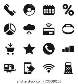 16 vector icon set : phone, circle diagram, calendar, percent, diagram, cloud wireless, tap to pay, smart bracelet, add to cart, star, trailer