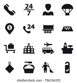 16 vector icon set : phone, 24/7, woman, parachute, dollar pin, taxi, baggage trolley, hotel, transfer, reception, rag, washing powder, brooming, please clean