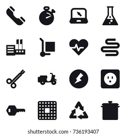 16 vector icon set : phone, stopwatch, notebook, flask, store, cargo stoller, electricity, power socket, key, pan