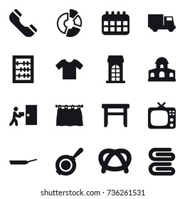 16 vector icon set : phone, circle diagram, calendar, truck, abacus, t-shirt, building, mansion, curtain, stool, tv, pan, stack of towels