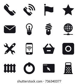 16 vector icon set : phone, call, flag, star, mail, bulb, globe connect, pencil wrench, phone wireless, remove from basket, ring button, radiator