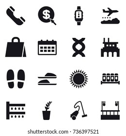16 vector icon set : phone, dollar arrow, smartwatch, weather management, shopping bag, calendar, factory, slippers, watering, seedling, vacuum cleaner, skyscapers cleaning