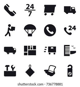 16 vector icon set : phone, 24/7, delivery, truck, courier, parachute, hotel, repair tools, rag, floor washing, do not distrub