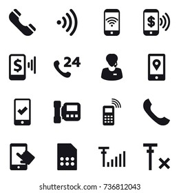 16 vector icon set : phone, wireless, phone wireless, phone pay, mobile pay, mobile checking, intercome