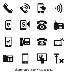 16 vector icon set : phone, call, touch, wireless, phone wireless, mobile pay, mobile checking, intercome