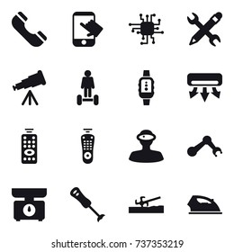 16 vector icon set : phone, touch, chip, pencil wrench, telescope, hoverboard, smartwatch, air conditioning, remote control, kitchen scales, soil cutter, iron