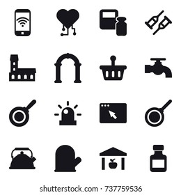 16 vector icon set : phone wireless, cardio chip, scales weight, mansion, arch, water tap, pan, kettle, cook glove, warehouse, pills bottle