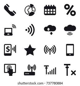 16 vector icon set : phone, circle diagram, calendar, percent, notebook wireless, wireless, cloud service, cloud wireless, mobile pay, star