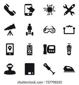 16 vector icon set : phone, touch, chip, pencil wrench, telescope, hoverboard, smart glasses, electrostatic, remote control, intercome, kitchen scales, iron