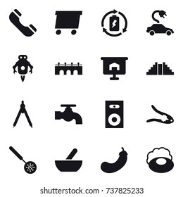16 vector icon set : phone, delivery, battery charge, electric car, jet robot, bridge, presentation, pyramid, drawing compass, water tap, speaker, walnut crack, skimmer, mortar, eggplant, soap