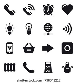 16 vector icon set : phone, call, alarm clock, heart, bulb, globe connect, wireless, phone wireless, remove from basket, right arrow, ring button, radiator, apron