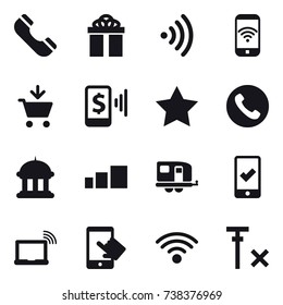 16 vector icon set : phone, gift, wireless, phone wireless, add to cart, mobile pay, star, goverment house, trailer, mobile checking