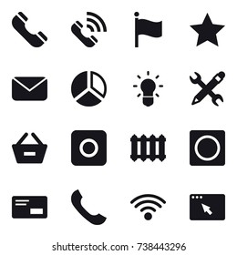 16 vector icon set : phone, call, flag, star, mail, diagram, bulb, pencil wrench, remove from basket, ring button, radiator