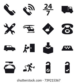 16 vector icon set : phone, call, 24/7, truck, pencil wrench, under construction, taxi, washing powder, vacuum cleaner, do not distrub, please clean