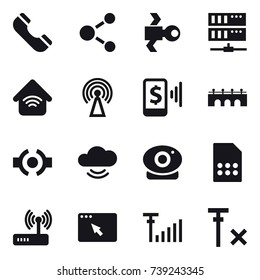 16 vector icon set : phone, molecule, satellite, server, wireless home, antenna, mobile pay, bridge