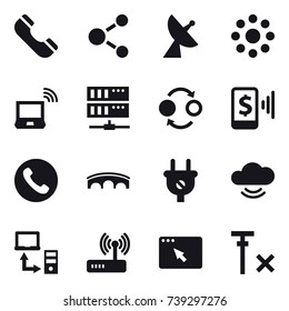 16 vector icon set : phone, molecule, satellite antenna, round around, notebook wireless, server, quantum bond, mobile pay, bridge