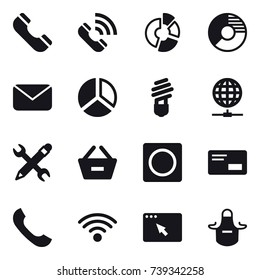 16 vector icon set : phone, call, circle diagram, mail, diagram, bulb, globe connect, pencil wrench, remove from basket, ring button, apron